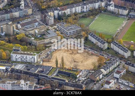 Vue aérienne, chantier entre Buescherstrasse et Loebbeckestrasse, siège de la compagnie d'assurance ARAG IT GmbH, stade de football de Banque D'Images
