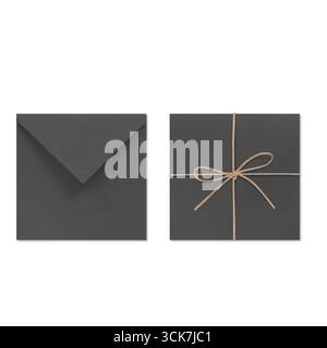 Une enveloppe sombre simple et une boîte cadeau nouée avec de la ficelle, idéale pour les invitations ou les cadeaux. Banque D'Images