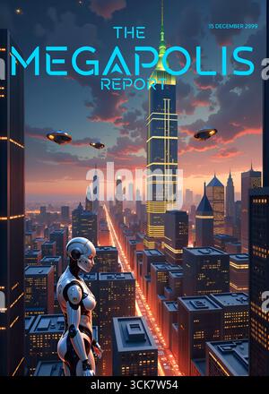 Une affiche de voyage futuriste pour le millénaire de 'New York 3000', avec une ligne d'horizon high-tech avec la Statue de la liberté et un pont. L'œuvre d'art a Banque D'Images