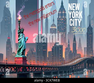 Affiche de voyage futuriste pour « New York City 3000 » présentant un horizon moderne avec la Statue de la liberté et un pont. L'œuvre d'art a un et vibrant Banque D'Images