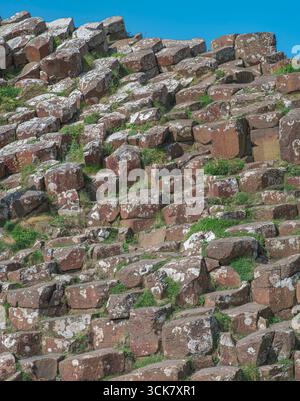 La chaussée des géants en Irlande du Nord, présentant des colonnes de basalte hexagonales emblématiques, altérées par le temps et placées sous un ciel bleu éclatant. Banque D'Images