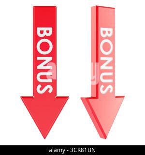 Flèches bonus rouges vers le bas pointant, vues de face et perspective. Rendu 3D isolé sur fond blanc Banque D'Images