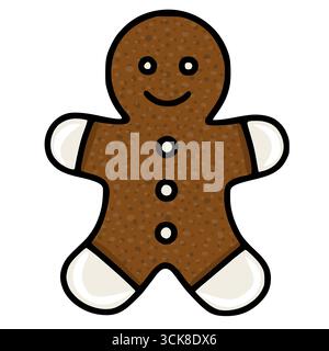 Délicieuse illustration vectorielle d'un cookie homme en pain d'épices avec un corps brun moucheté, des accents de glaçage blanc cassé et un sourire simple et joyeux. Illustration de Vecteur