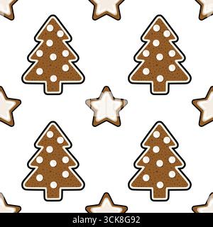 Modèle vectoriel sans couture avec de charmants arbres de Noël et étoiles en pain d'épice, parfait pour les arrière-plans festifs et les conceptions de vacances d'hiver. Illustration de Vecteur