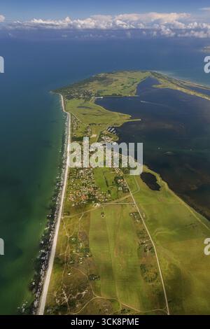 Vitte, réserve naturelle Duenenheide, paysage de la lande, île Hiddensee, île de la mer Baltique, Mecklembourg-Poméranie occidentale, Allemagne, Europe, vue aérienne, Banque D'Images