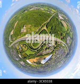 Photo aérienne, agrandissement de la jonction d'autoroute Bottrop avec l'autoroute A31 et l'autoroute A2, Koellnischer Wald, globe terrestre, image fisheye, 360 degrés imag Banque D'Images