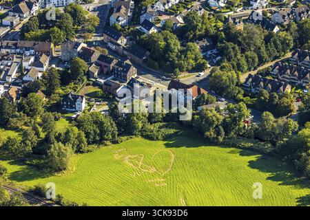 Vue aérienne, deux grands coeurs dans un pré, Bonsfelder Strasse, Oberbonsfeld, Velbert, Ruhr, Rhénanie-du-Nord-Westphalie, Allemagne, vue, champs, formes, Banque D'Images