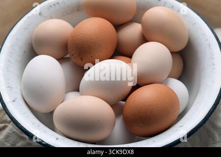 Gros plan vue de haut en bas d'œufs de poule assortis de différentes couleurs placés à l'intérieur d'un bol en émail vintage. Concept de nourriture fraîche, rustique et biologique de ferme Banque D'Images