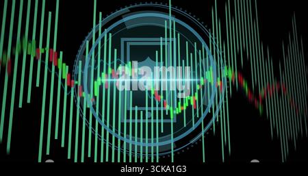 Affichage du graphique financier visualiser les données sur le tableau de bord sombre avec des barres de chandelier et la superposition HUD Banque D'Images