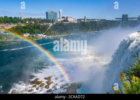 Niagara Falls Rainbow over Maid of the Mist excursion en bateau avec ponchos bleus jusqu'aux chutes Horseshoe - eau bleu-vert aqua dans la gorge - vacances en Ontario Canada Banque D'Images