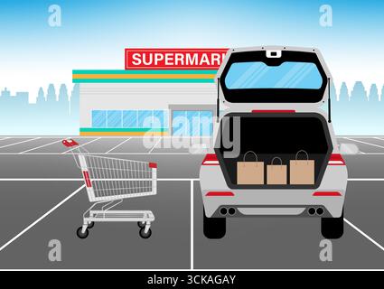 Sacs à provisions dans le coffre de voiture au parking. Shopping dans un supermarché ou un magasin de proximité. Concept d'achat. Illustration vectorielle. Illustration de Vecteur