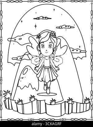 Page de coloriage de fée mignonne. Princesse magique avec ailes imprimable pour les enfants. Illustration de Vecteur