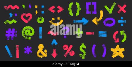 Signes de ponctuation dessinés à la main. Des marques typographiques avec une texture grunge de crayon rugueux, des traits de pinceau de caractères peints et des griffonnages en détresse griffonnés Illustration de Vecteur