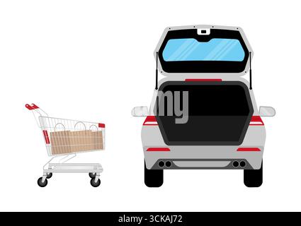 Chariot ou chariot avec sacs et coffre ouvert. Concept d'achat. Illustration vectorielle. Illustration de Vecteur