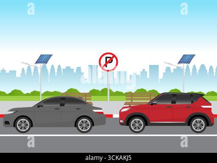 Voiture garée dans une zone de stationnement interdite ou interdite. Car enfreignez la règle dans une zone interdite. Règles de circulation. Illustration vectorielle. Illustration de Vecteur