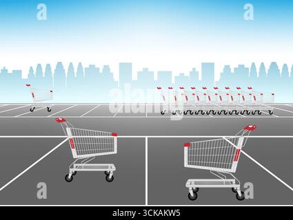 Panier ou chariot dans le parking du supermarché. Concept d'achat. Illustration vectorielle. Illustration de Vecteur