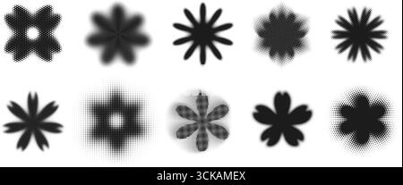 Fleurs en demi-teintes. Formes florales avec texture pointillée, silhouettes floues rétro et pétales de fleurs radiales avec effet pointillé demi-ton. Résumé b Illustration de Vecteur