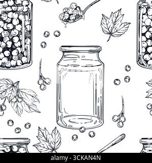Modèle vectoriel sans couture à partir de blancs, confiture dans des bocaux, baies de viburnum, feuilles, cuillères avec de la confiture. Tous les objets sont dessinés à la main avec de l'encre. L'illustration est Illustration de Vecteur