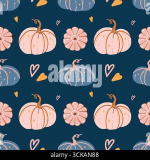 Modèle d'automne sans couture avec des citrouilles roses dessinées à la main et des coeurs sur fond bleu. Joli design de fond d'automne confortable. Citrouilles décoratives. Couleurs pastel. Illustration vectorielle. Motif Halloween. Illustration vectorielle. Illustration de Vecteur