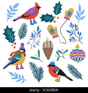 Ensemble d'éléments de conception mignons de Noël, jouets d'arbre de Noël, oiseaux d'hiver, sapin et houx. Illustration vectorielle dessinée à la main Illustration de Vecteur