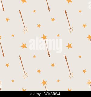 Modèle sans couture avec des étoiles jaunes dessinées à la main et des baguettes magiques sur fond beige. Motif simple magique pour enfants. Ciel étoilé. Attributs Wizard et astrologue. Fond pastel pour les enfants. Joli fond confortable pour Halloween. Illustration vectorielle. Illustration de Vecteur