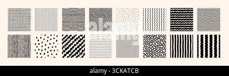 Ensemble de motifs sans couture avec des arrière-plans abstraits noir et blanc, y compris des points, des rayures, des grilles et des textures de crayon dessinées à la main. Parfait pour le tissu Illustration de Vecteur