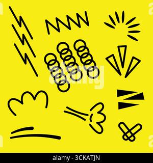 Fond de doodle ludique avec des formes abstraites dessinées à la main et des lignes sur fond jaune. Parfait pour le design créatif, papier peint, papeterie et M. Illustration de Vecteur