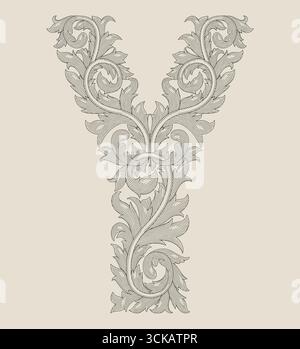Y alphabet initial en forme d'ornement floral, illustration de style de dessin de gravure Vintage Illustration de Vecteur