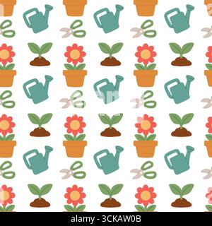 Modèle de jardinage de style plat sans couture avec des fleurs en pots, des semis, un arrosoir et des ciseaux. Fond floral de printemps pour textile, emballage Illustration de Vecteur