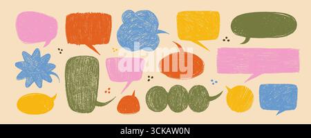 Ensemble de bulles de discours crayon avec des formes texturées dessinées à la main dans des couleurs vintage sur fond beige. Design amusant et ludique pour les autocollants, l'emballage, les enfants Illustration de Vecteur