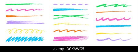 Ligne crayon crayon de soulignement jeu de couleurs. Pinceau coloré dessiné à la main, craie et trait de marqueur dans le style artistique sketchy Kid. Élément séparateur de mise en évidence de texture crayon rugueuse. Illustration vectorielle Illustration de Vecteur