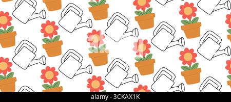 Modèle de jardinage de style plat sans couture avec pots de fleurs et arrosoirs de contour. Fond de printemps floral pour textile, emballage, papier peint, enfants Illustration de Vecteur