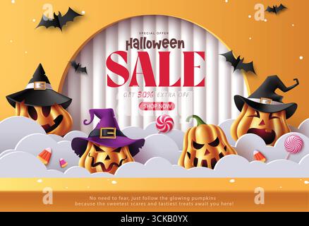 Design festif de vente d'Halloween avec citrouilles sculptées, chapeaux de sorcière, sucettes, chauves-souris et nuages sur un fond de papier orange vif. Parfait pour les vacances Illustration de Vecteur