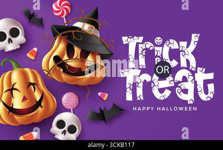 Vecteur festif d'Halloween avec des citrouilles, des chauves-souris, des crânes, des bonbons et des salutations "trick or Treat". Un design coloré pour les invitations de fête, les bannières saisonnières, Illustration de Vecteur