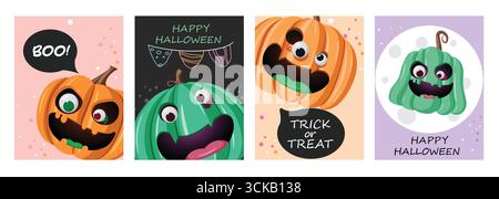 Jeu de cartes d'Halloween ludique avec des citrouilles et des salutations comme Bouh, Trick or Treat, et Happy Halloween. Modèle vectoriel pour les invitations de fête effrayantes, saison Illustration de Vecteur