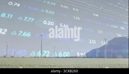 Affichage d'une rangée d'éoliennes tournant dans les prairies par crête de montagne, avec superposition de ticker de stock Banque D'Images