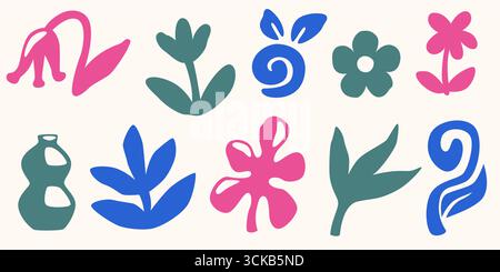 Formes de papier découpé organique boho avec fleurs abstraites, vases et formes botaniques pour collage contemporain Découpes modernes de style Matisse avec des silhouettes fluides pour décoration murale ou motifs textiles. Illustration de Vecteur
