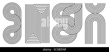 Alignez les motifs géométriques de la voûte arc-en-ciel avec des rayures courbes, des cadres rectangulaires et des formes ondulées pour un design minimaliste. Formes monochromes abstraites avec des lignes parallèles et des arcs fluides pour des imprimés modernes. Illustration de Vecteur
