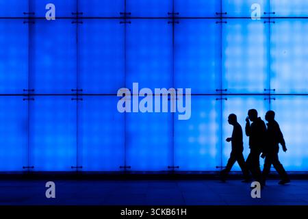 Une capture nocturne du Grand Theatre de Chongqing, où le mur LED affiche des couleurs vives au néon. Banque D'Images