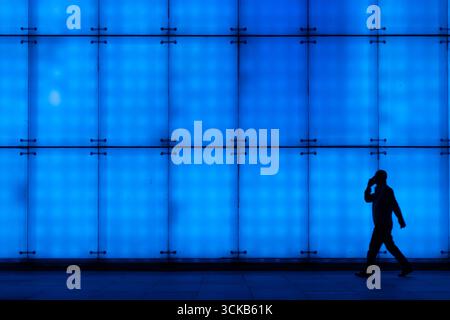 Une capture nocturne du Grand Theatre de Chongqing, où le mur LED affiche des couleurs vives au néon. Banque D'Images
