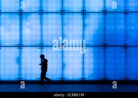 Une capture nocturne du Grand Theatre de Chongqing, où le mur LED affiche des couleurs vives au néon. Banque D'Images