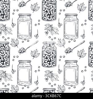 Modèle vectoriel sans couture à partir de blancs, confiture dans des bocaux, baies de viburnum, feuilles, cuillères avec de la confiture. Tous les objets sont dessinés à la main avec de l'encre. L'illustration est Illustration de Vecteur