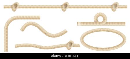 Texture de corde naturelle avec des éléments de noeud et des brins tressés isolés pour des conceptions marines ou rustiques. Forme brune de fibre torsadée de boucles et de courbes avec motif tissé. Ensemble de cordages nautiques pour la décoration Illustration de Vecteur