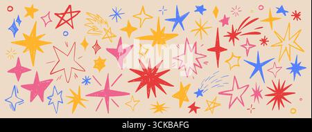 Étoiles de crayon de couleur dessinées sur fond beige. Illustration réaliste vectorielle d'étincelles de doodle colorées dessinées à la main, de feux d'artifice de vacances, d'éléments de conception de motif enfantin, d'art de croquis grungy, de bannière d'école Illustration de Vecteur