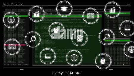 Affichage de la fenêtre centrale de l'éditeur de code vert dans l'interface du terminal avec des icônes de fonction circulaires. Futuriste, interface, numérique, technologie, visualizat Banque D'Images