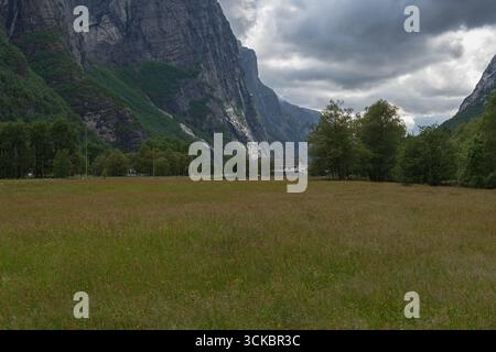 Une prairie herbeuse avec des fleurs sauvages et un petit bâtiment entouré d'arbres, situé contre des falaises abruptes avec de la végétation à Lysebotn, Norvège. Banque D'Images
