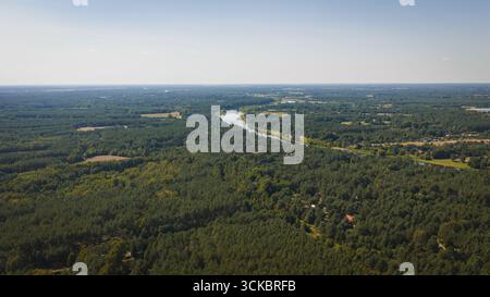 Drone capture une forêt luxuriante près de Nowy Lubiel, en Pologne, avec une rivière sinueuse, des clairières dispersées, de petits bâtiments et un ciel bleu clair à l'horizon Banque D'Images