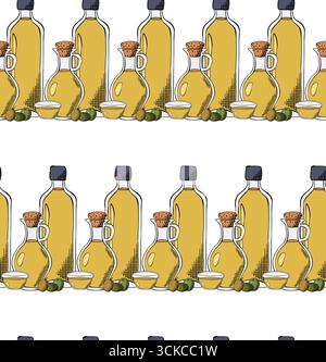 Bouteille d'huile d'olive modèle sans couture. Illustration vectorielle en couleur à l'encre de la ligne graphique. Thème végétalien. Mode de vie sain. Fond alimentaire naturel pour les bannières, Illustration de Vecteur