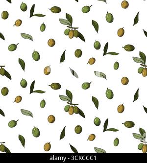 Branches avec des olives modèle sans couture. Fond de fruits noirs et verts mûrs d'olive. Concept de branding pour la société d'huile d'olive, bio, pro respectueux de l'environnement Illustration de Vecteur
