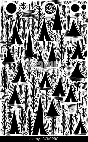Tentes de montagne noires et blanches et motif d'arbres - thème d'aventure de la nature. Illustration de Vecteur